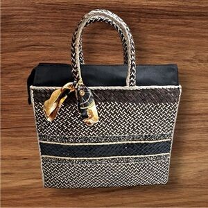 Large Black and Beige Casa De Pinta Barong Straw Bag with scarf